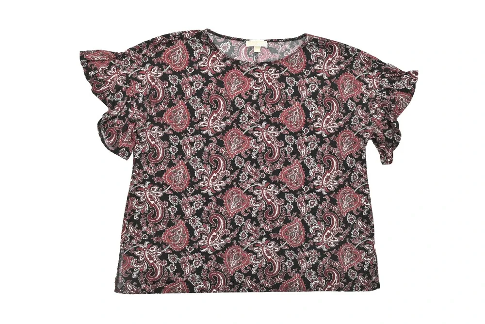 Michael Kors Women's 2X Top Black Red White Paisley Flutter Sleeve Stretch Blous